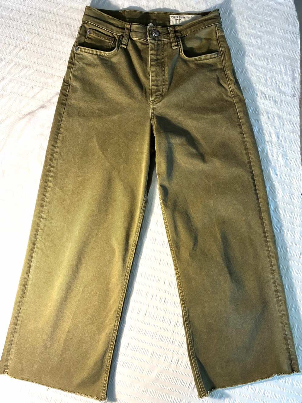 Rag & Bone ankle cropped intentionally frayed wide leg jeans in sage